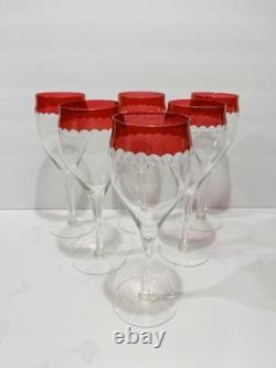 Vintage MCM Czech Crystal Cranberry Cut Dots Champagne or Wine Glasses Set of 6