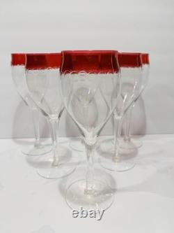 Vintage MCM Czech Crystal Cranberry Cut Dots Champagne or Wine Glasses Set of 6