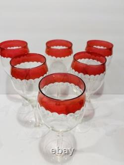 Vintage MCM Czech Crystal Cranberry Cut Dots Champagne or Wine Glasses Set of 6