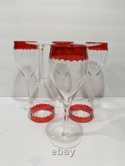 Vintage MCM Czech Crystal Cranberry Cut Dots Champagne or Wine Glasses Set of 6