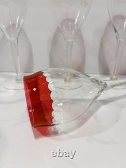 Vintage MCM Czech Crystal Cranberry Cut Dots Champagne or Wine Glasses Set of 6