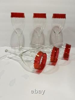 Vintage MCM Czech Crystal Cranberry Cut Dots Champagne or Wine Glasses Set of 6