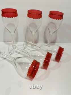 Vintage MCM Czech Crystal Cranberry Cut Dots Champagne or Wine Glasses Set of 6