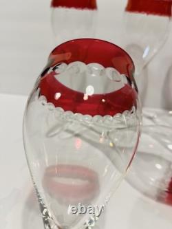 Vintage MCM Czech Crystal Cranberry Cut Dots Champagne or Wine Glasses Set of 6