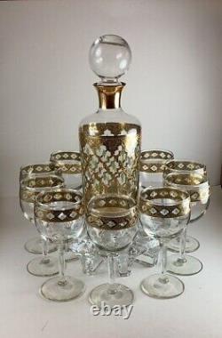 Vintage MCM Valencia by Culver Gold Wine Glasses, Decanter And Stopper