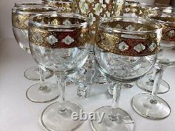 Vintage MCM Valencia by Culver Gold Wine Glasses, Decanter And Stopper