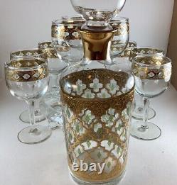 Vintage MCM Valencia by Culver Gold Wine Glasses, Decanter And Stopper
