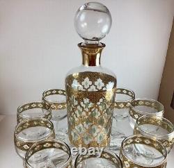 Vintage MCM Valencia by Culver Gold Wine Glasses, Decanter And Stopper