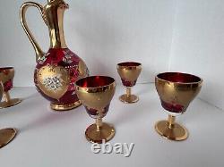 Vintage MOSER BOHEMIAN Ruby Glass Hand Painted GILT DECANTER & 6 WINE GLASSES