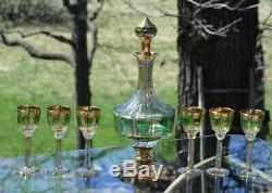 Vintage MOSER  Crystal Emerald Green and Gold Wine Decanter & 6 Wine Glasses