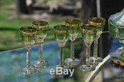 Vintage MOSER  Crystal Emerald Green and Gold Wine Decanter & 6 Wine Glasses