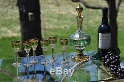 Vintage MOSER  Crystal Emerald Green and Gold Wine Decanter & 6 Wine Glasses