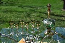 Vintage MOSER  Crystal Emerald Green and Gold Wine Decanter & 6 Wine Glasses