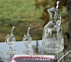 Vintage MOSER Etched Wine Decanter with 2 Port Wine Sipping Glasses-Birds