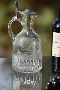 Vintage MOSER Etched Wine Decanter with 2 Port Wine Sipping Glasses-Birds