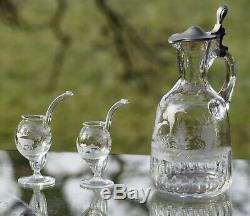 Vintage MOSER Etched Wine Decanter with 2 Port Wine Sipping Glasses-Birds