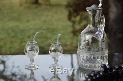 Vintage MOSER Etched Wine Decanter with 2 Port Wine Sipping Glasses-Birds