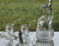 Vintage MOSER Etched Wine Decanter with 2 Port Wine Sipping Glasses-Birds