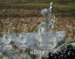 Vintage MOSER Etched Wine Decanter with 2 Port Wine Sipping Glasses-Birds