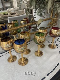Vintage MURANO WINE GLASSES 24k Gold & Enamel flower