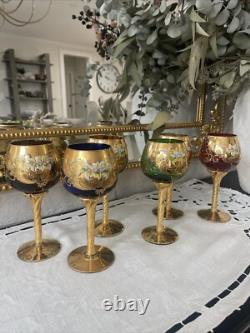 Vintage MURANO WINE GLASSES 24k Gold & Enamel flower