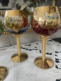Vintage MURANO WINE GLASSES 24k Gold & Enamel flower