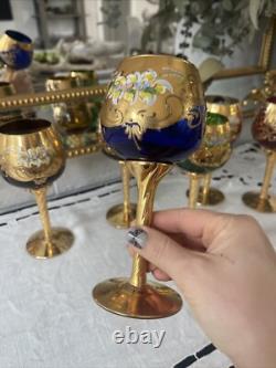 Vintage MURANO WINE GLASSES 24k Gold & Enamel flower