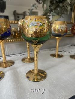Vintage MURANO WINE GLASSES 24k Gold & Enamel flower