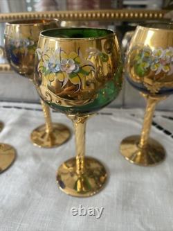 Vintage MURANO WINE GLASSES 24k Gold & Enamel flower