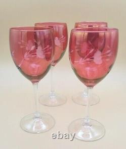 Vintage Made in France Cut to Clear Floral Cranberry Wine/Water Stemmed Goblets