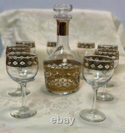 Vintage Mid Century Culver Valencia Glass Decanter & 8 Stemmed Wine Glasses