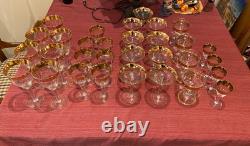 Vintage Mid-Century Gold Rimmed Stemware Set 30+ incl rare Shrimp cocktail