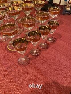 Vintage Mid-Century Gold Rimmed Stemware Set 30+ incl rare Shrimp cocktail