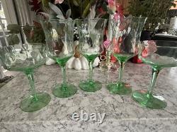 Vintage Mid Century Green Crystal Glasses Set of 5 (3 Wine 2 Champagne)