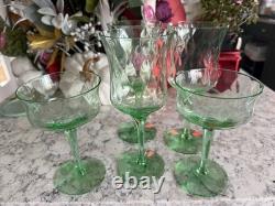 Vintage Mid Century Green Crystal Glasses Set of 5 (3 Wine 2 Champagne)