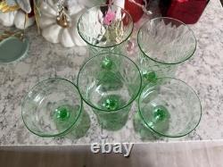 Vintage Mid Century Green Crystal Glasses Set of 5 (3 Wine 2 Champagne)