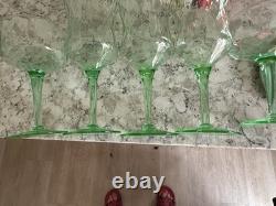 Vintage Mid Century Green Crystal Glasses Set of 5 (3 Wine 2 Champagne)