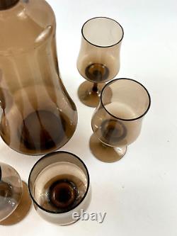 Vintage Mid-Century Modern BROWN glass decanter & 6 wine glasses c. 1960+