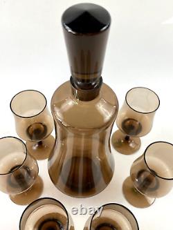 Vintage Mid-Century Modern BROWN glass decanter & 6 wine glasses c. 1960+