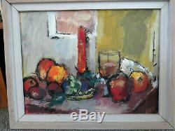 Vintage Mid Century Modern Still Life w Fruit Candle Wine Glass Acrylic on Paper