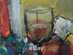 Vintage Mid Century Modern Still Life w Fruit Candle Wine Glass Acrylic on Paper