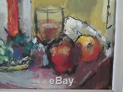 Vintage Mid Century Modern Still Life w Fruit Candle Wine Glass Acrylic on Paper