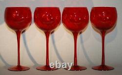 Vintage Mid-century Modern Cranberry Red Glass Stemmed Wine Goblets Set Of 4