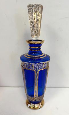 Vintage Moser Bohemian Blue Crystal Wine Cordial Glass 11.5 H withGold Accents