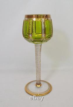 Vintage Moser GREEN CABOCHAN 8 Panels Bohemian Wine Glass Pair GOLD Set of 2