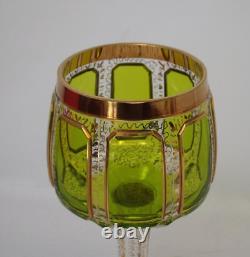 Vintage Moser GREEN CABOCHAN 8 Panels Bohemian Wine Glass Pair GOLD Set of 2