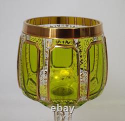 Vintage Moser GREEN CABOCHAN 8 Panels Bohemian Wine Glass Pair GOLD Set of 2