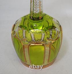Vintage Moser GREEN CABOCHAN 8 Panels Bohemian Wine Glass Pair GOLD Set of 2