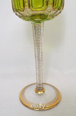 Vintage Moser GREEN CABOCHAN 8 Panels Bohemian Wine Glass Pair GOLD Set of 2
