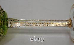Vintage Moser GREEN CABOCHAN 8 Panels Bohemian Wine Glass Pair GOLD Set of 2